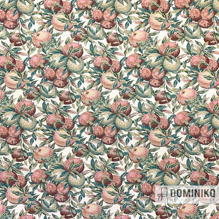 Casal meubelstof Les Classiques 322 Agen met fruitprint in subtiele groen en rood tinten op witte achtergrond. Patroon herhaalt elke 35,2x47,6 cm.