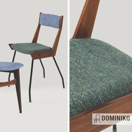 Vintage houten stoel met groene en blauwe Pixie meubelstof door Casal, met rijke textuur en duurzame kenmerken.