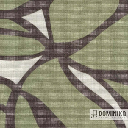 Moderne seventies bloemenprint "Contour" door De Ploeg, kamerhoog, groen met grijstinten. Transparante polyester-wol mix. Vanaf 5 meter 10% korting.