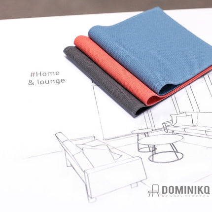 Drie stoffenmonsters op een interieurontwerp met tekst '#Home & lounge', geschikt voor diverse interieurstijlen.
