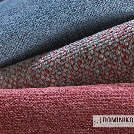 Drie gekleurde stoffen van Keymer's New Chico, brandvertragend en onderhoudsvriendelijk polyester-mix, verkrijgbaar in 17 kleuren.