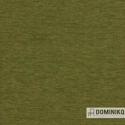 Groene stof van Keymer New Chico, 89% polyester, brandvertragend, lichtbestendig en onderhoudsvriendelijk voor meubels.