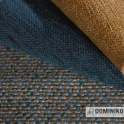 Keymer New Chico stof in blauw en bruin, brandvertragend en onderhoudsvriendelijk, 89% polyester, 11% katoen, breedte 138 cm.