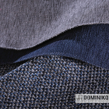 Stofpatroon van Keymer New Chico, 89% polyester en 11% katoen, toont geweven textuur in diverse kleuren, voldoet aan brandveiligheidsnormen.