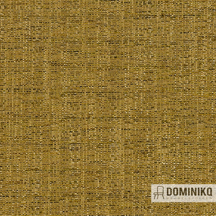 Keymer Discover meubelstof in mosterdgeel, sterke polyacryl en polyester samenstelling, sportieve en stijlvolle uitstraling.