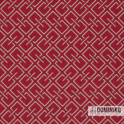 Geometrisch patroon Kvadrat Sahco Grid 019 stof in rood, met contrasterend garen en retro uitstraling. Ideaal voor diverse oppervlaktes.