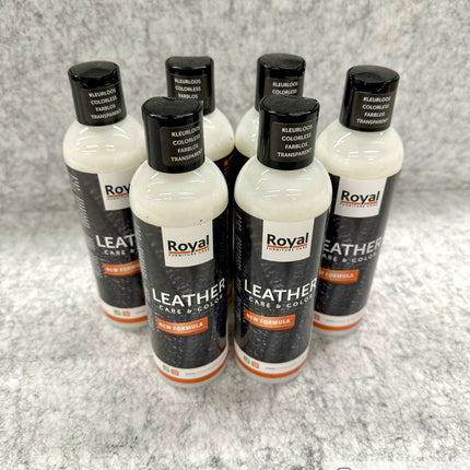 Royal Furniture Leder Crème 250ml flessen voor leerverzorging en kleurherstel, geschikt voor diverse leersoorten.