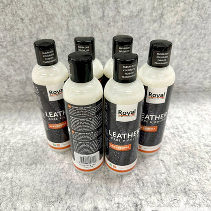 Zeven flessen Royal Furniture Leder Crème 250 ml voor leeronderhoud en kleurherstel, geschikt voor diverse leersoorten.