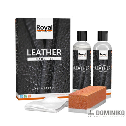 Leather Care Kit voor afgewerkt leer met reinigings- en beschermingsproducten, spons en doek. Beschermt tegen vuil en UV-straling.
