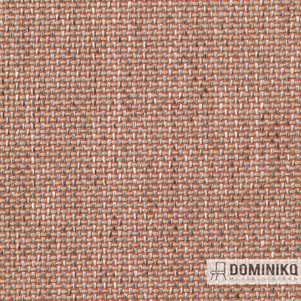 Oranje en beige geweven Vescom Hestan stof, klassiek overdraads patroon, brandvertragend polyester, geschikt voor intensief gebruik.