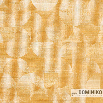 Vescom Arches 7066.06 stof met geometrisch patroon in gele kleur, vinyl meubelbekleding, huiselijke en designgerichte uitstraling.